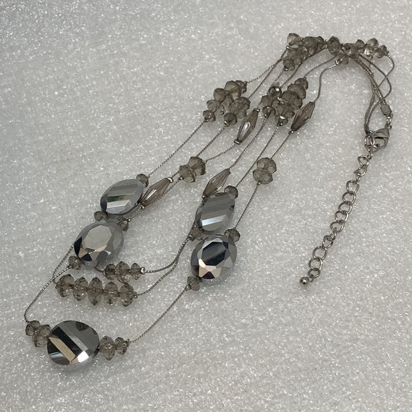 Chico’s NWOT - Triple Strand Silvertone Necklace with Smokey Crystals & Earrings - Picture 7 of 13